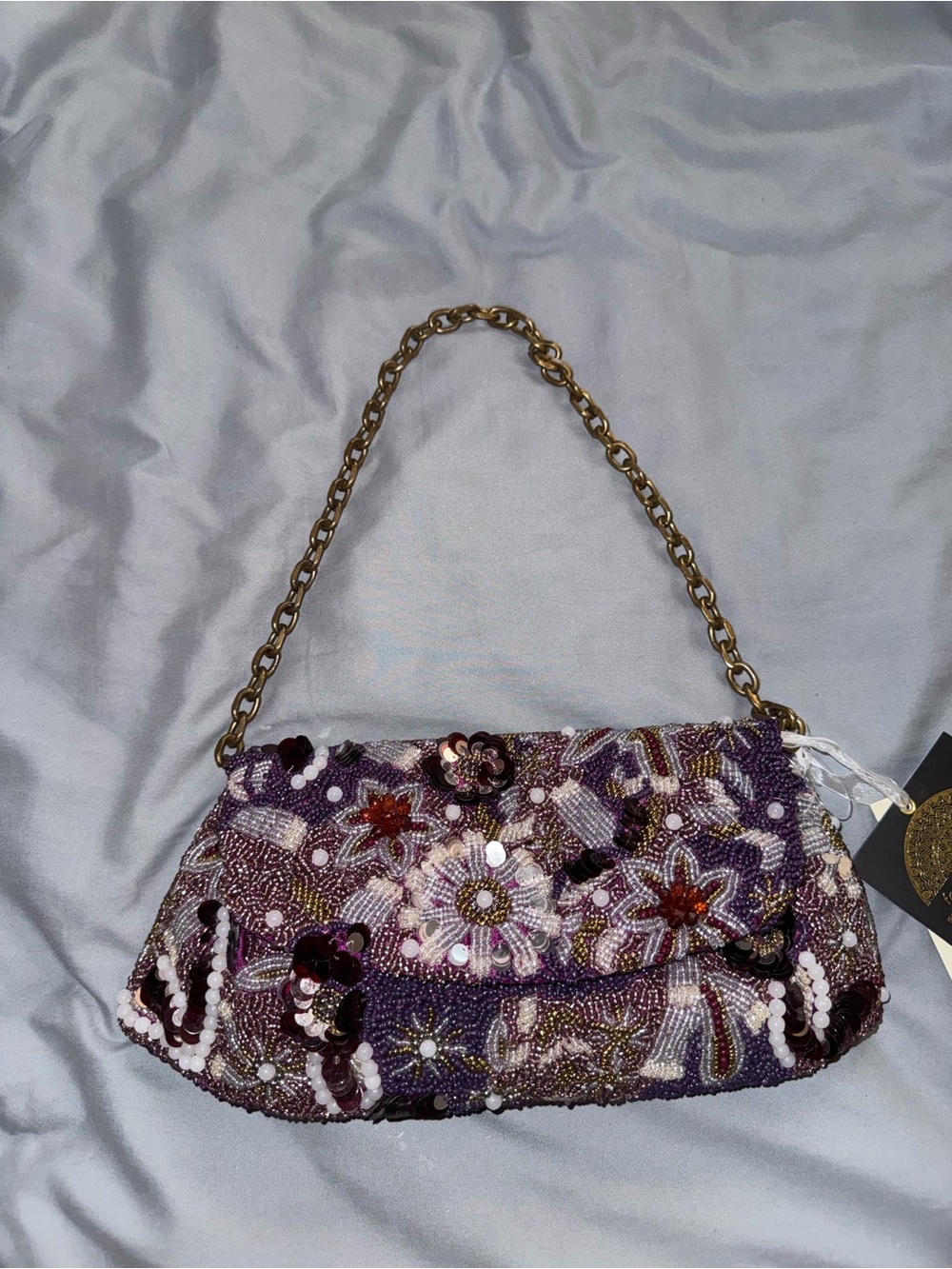 Beaded Purple Floral Shoulder Bag Chain Strap Handmade in India New with Tags